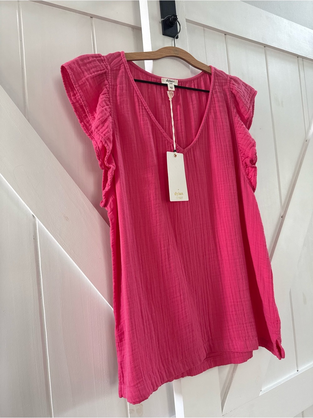 Dylan Gauze Ruffle V-Neck Short Sleeve Top in Raspberry - Picture 2 of 6